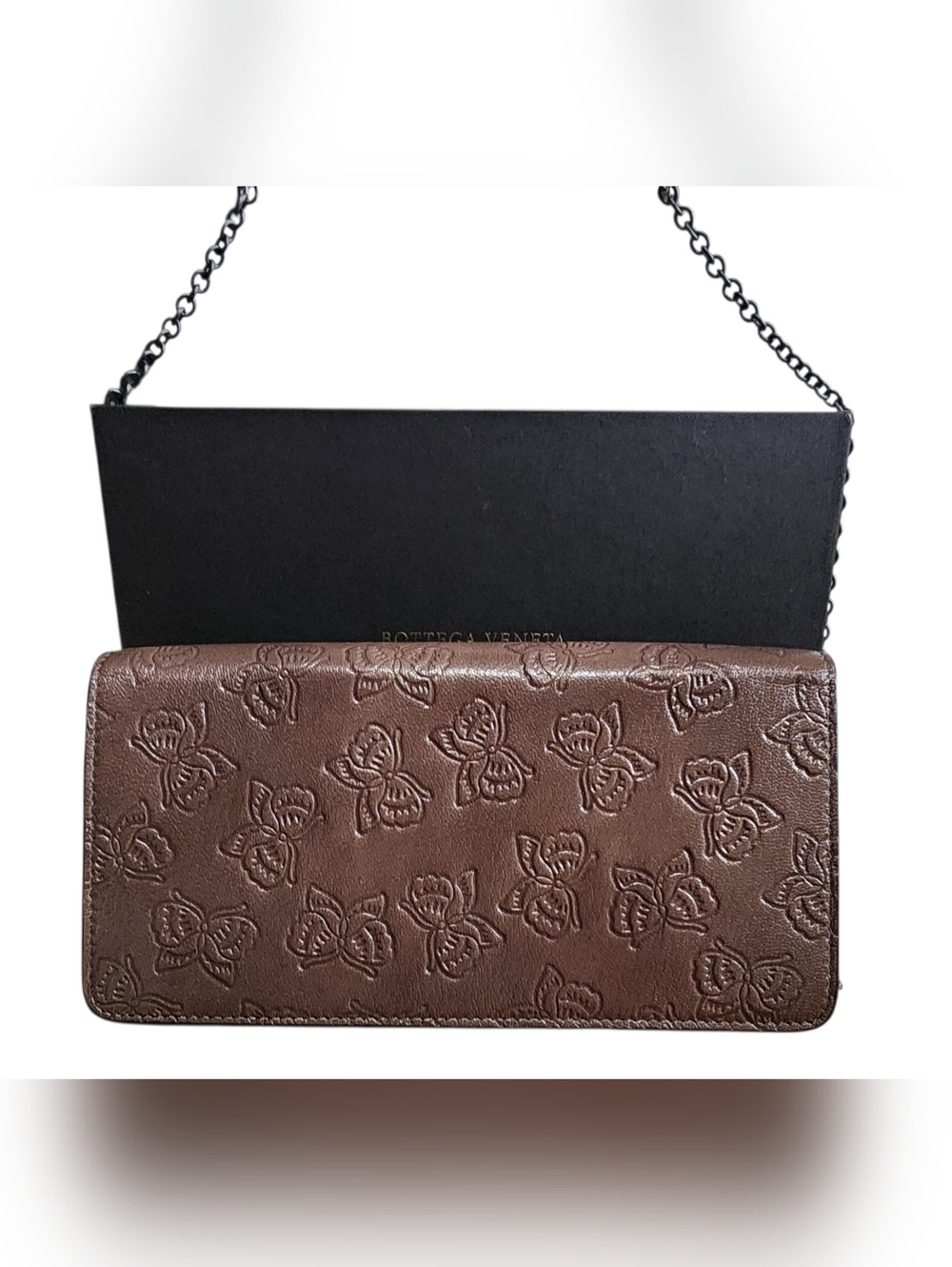Super EUC Bottega Veneta Brown Embossed Butterfly Wallet On   Chain W/ Box
